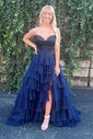 Ball Gown Strapless Satin Chiffon Ruffle Tiered Prom Dresses