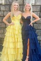 Ball Gown Strapless Satin Chiffon Ruffle Tiered Prom Dresses