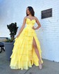 Ball Gown Strapless Satin Chiffon Ruffle Tiered Prom Dresses