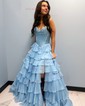 Ball Gown Strapless Satin Chiffon Ruffle Tiered Prom Dresses