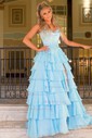 Ball Gown Strapless Satin Chiffon Ruffle Tiered Prom Dresses