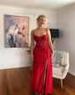 Sheath/Column Sweetheart Satin Corset Prom Dresses With Appliques