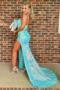 Sheath/Column V-neck Sparkly Sequin Prom Dresses With Appliques