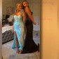 Sheath/Column V-neck Sparkly Sequin Prom Dresses With Appliques