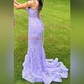Mermaid Square Neck Lace Tulle Prom Dresses With Appliques