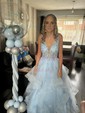 Princess V-neck Tulle Ruffle Prom Dresses With Appliques
