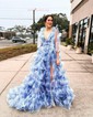Ball Gown V-neck Floral Tulle Ruffle Tiered Prom Dresses