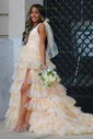 Ball Gown V-neck Floral Tulle Ruffle Tiered Prom Dresses